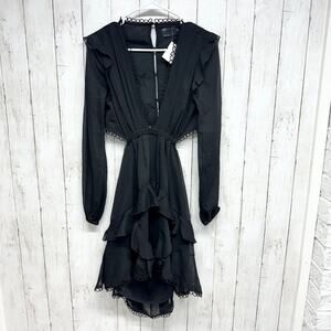ASOS Dress Women Size 6‎ Mini Laced Open Black Pleated Ruffled Black Summer